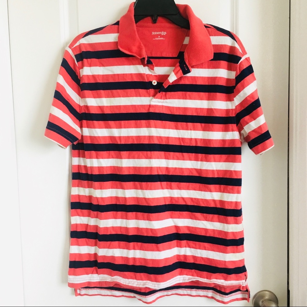 ST. JOHNS BAY men’s white navy coral striped polo Tshirt size medium